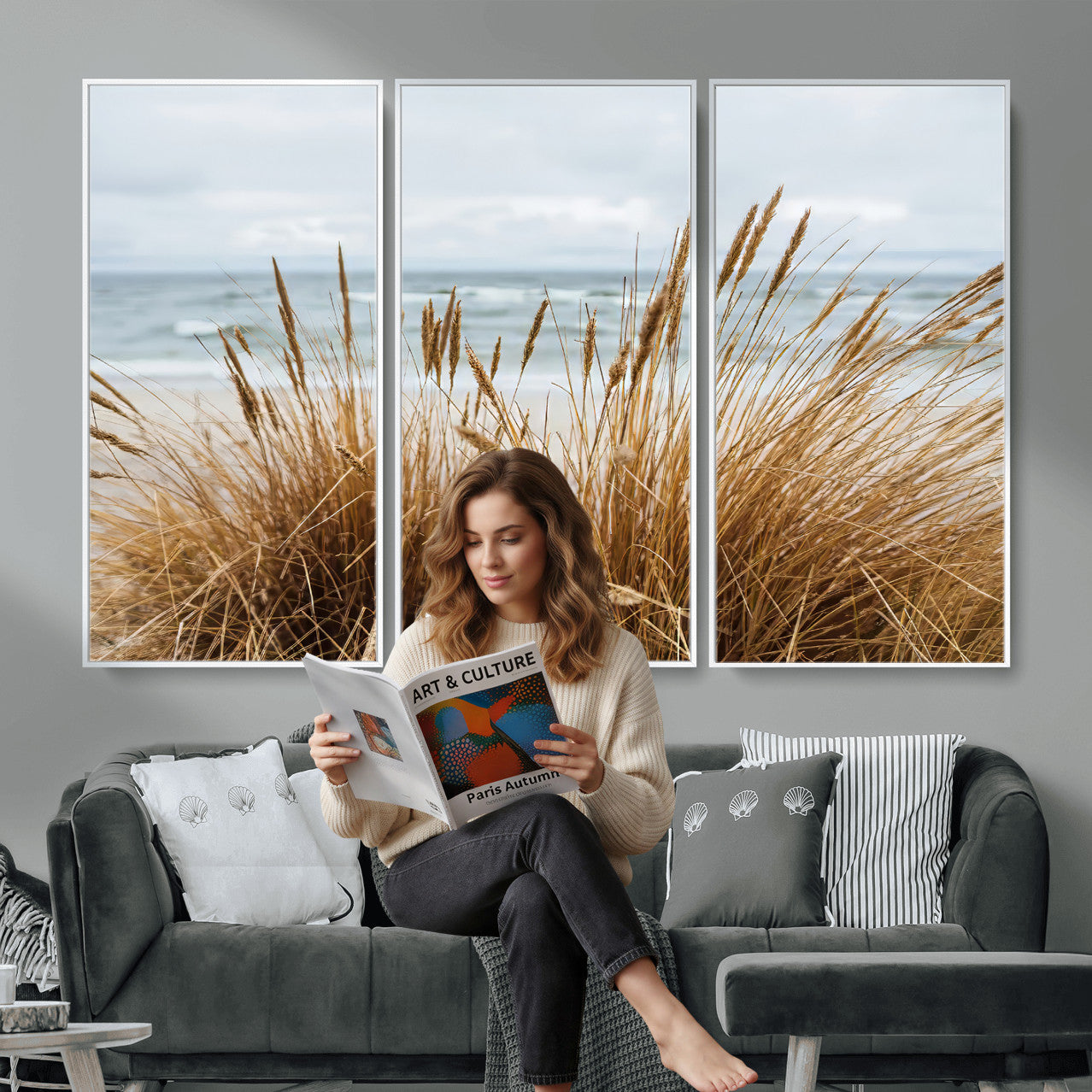 14270839-MGV-CV-36X24 - Beach Grass Wall Art – Canvas Print of Serene Coastal Shore, Peaceful Ocean Vibes, Nature Decor for Guest Room, Office or Living Room