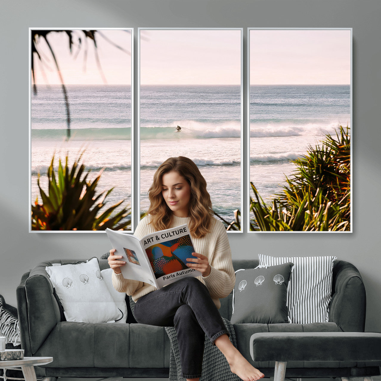 23287092-MGV-CV-36X24 - Ocean Surfer Wall Art Canvas Print | Framed Coastal Surf Art Picture Tropical Beach Artwork for Home Office