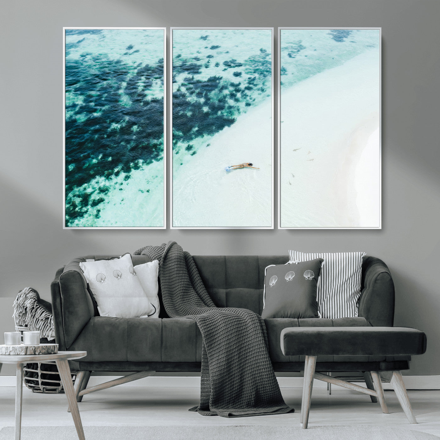MGV-FC-48X32-3P - Minimal Beach Wall Art Canvas Print, Framed Ocean Swimming Art Picture Print, Clear Ocean Perfect Minimal Coastal Decor Artwork