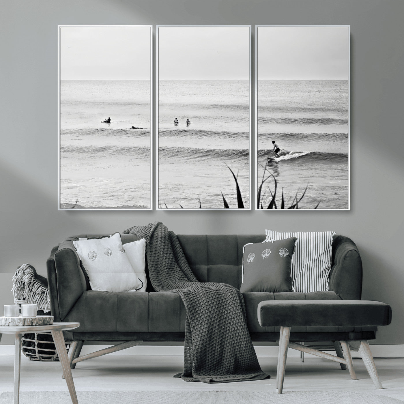 MGV-FC-48X32-3P - Surfer Silhouette Wall Art Canvas Print, Framed Calm Ocean Art Picture Print, Monochrome Surf Perfect Minimalist Coastal Decor Artwork