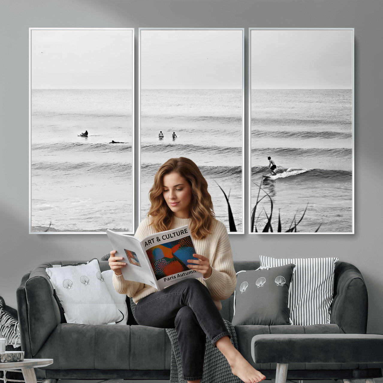 33821421-MGV-CV-36X24 - Surfer Silhouette Wall Art Canvas Print, Framed Calm Ocean Art Picture Print, Monochrome Surf Minimalist Coastal Decor Artwor