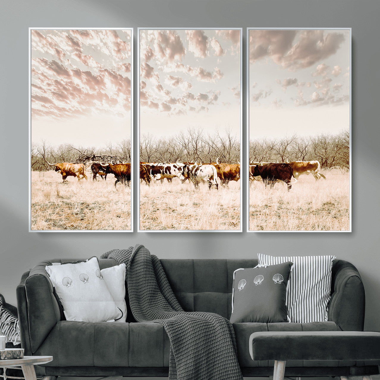 64892775-MGV-CV-36X24 - Longhorn Cattle Wall Art Canvas Print, Framed Texas Ranch Art Picture Print, Western Cow Perfect Western Decor Artwork