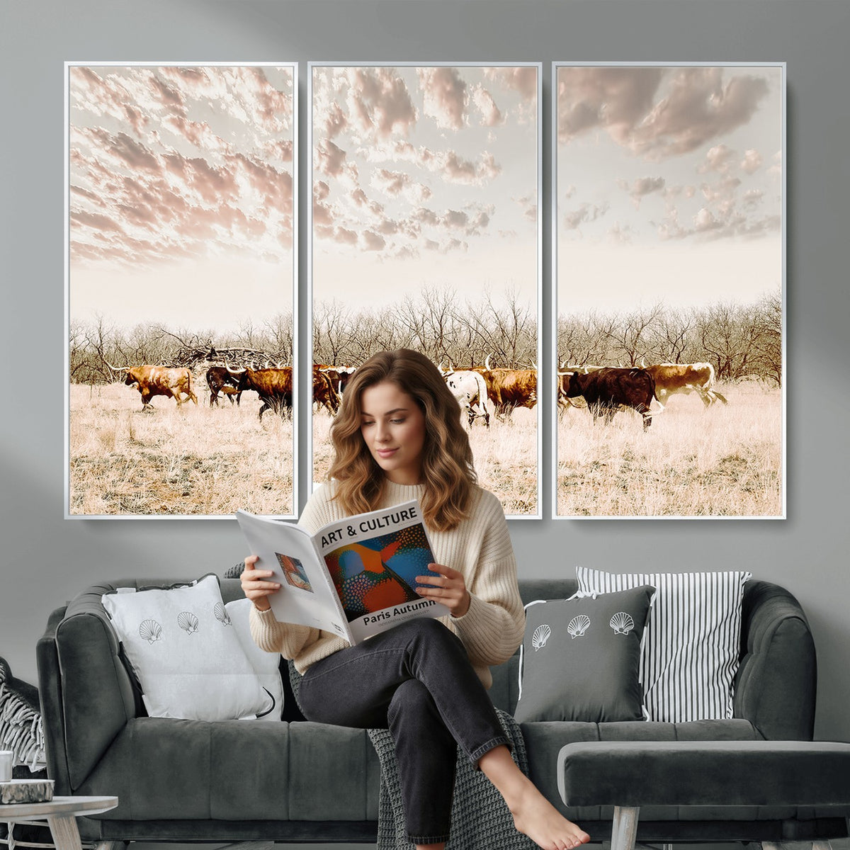 64892775-MGV-CV-24X16 - Longhorn Cattle Wall Art Canvas Print, Framed Texas Ranch Art, Western Cow Print, Prairie Landscape Decor
