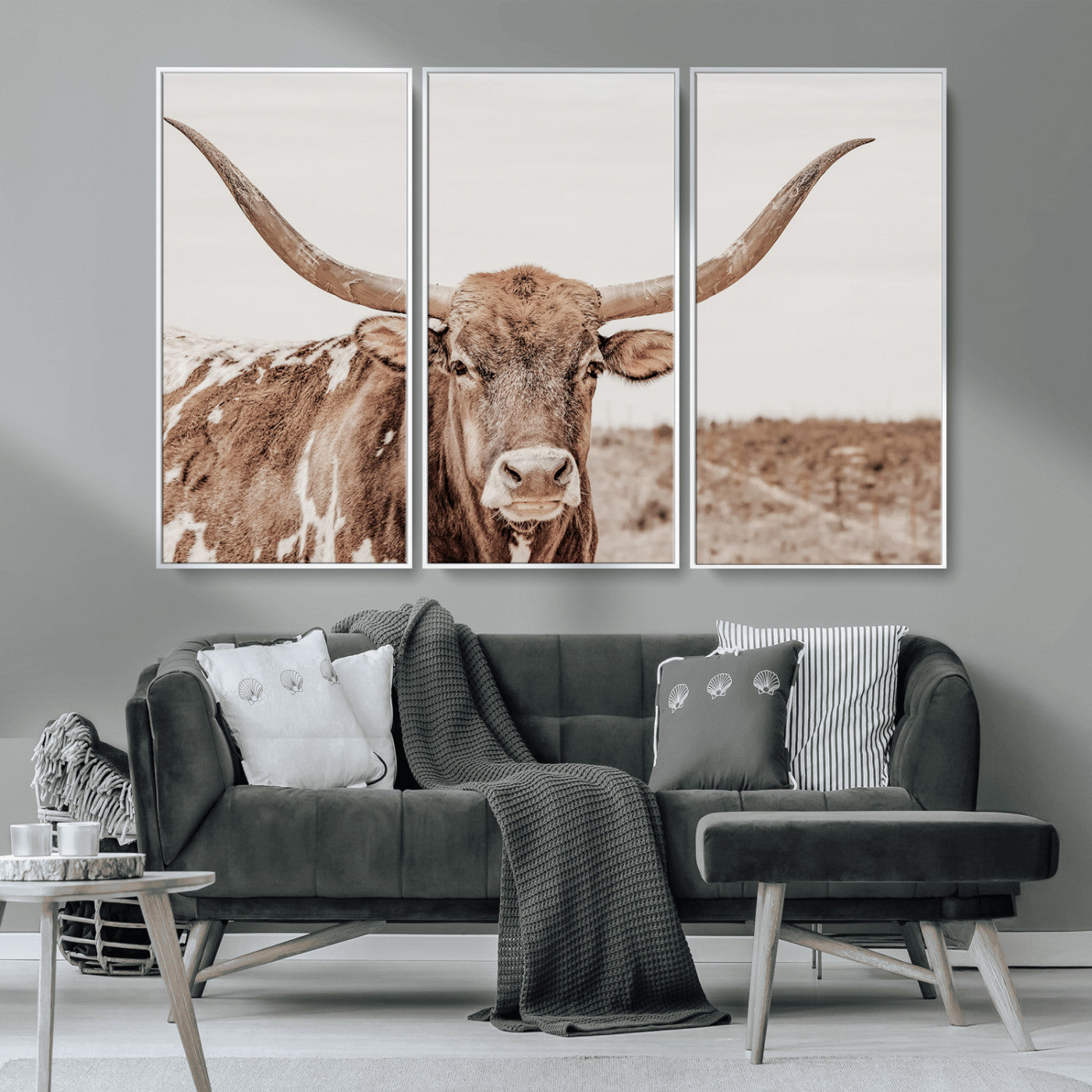 MGV-FC-48X32-3P - Longhorn Cow Wall Art Canvas Print, Framed Texas Ranch Art Picture Print, Western Bull Perfect County Decor Artwork