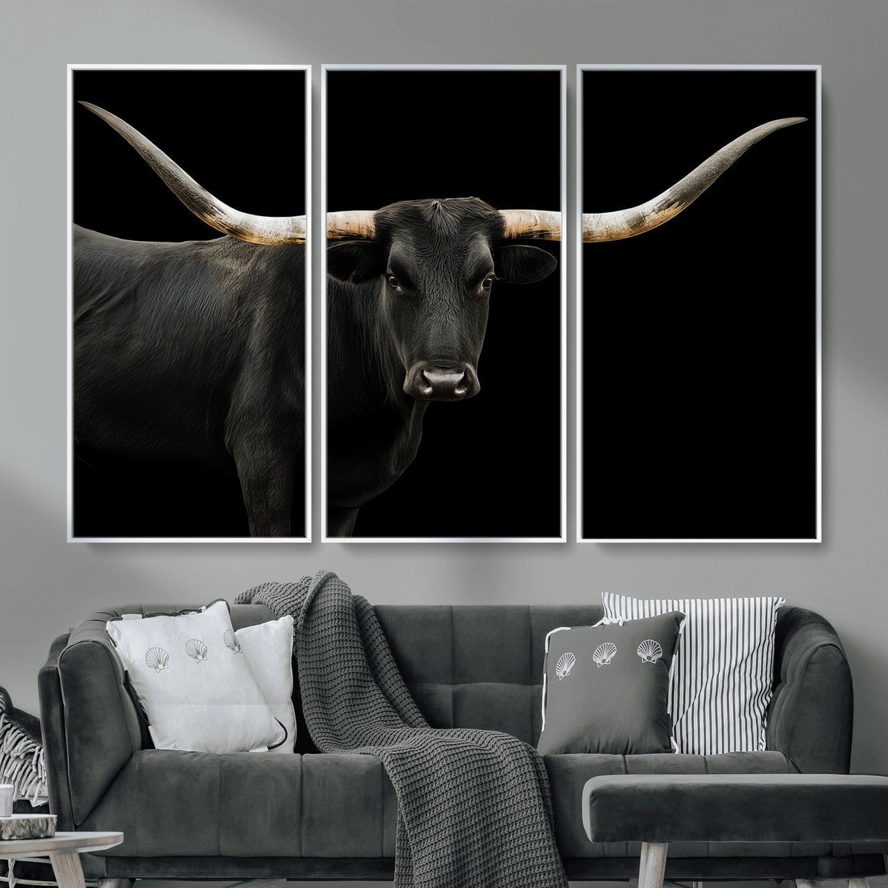 99448328-MGV-CV-36X24 - Longhorn Cattle Wall Art Canvas Print, Framed Texas Black Bull Art Picture Print, Western Cow Perfect Farmhouse Decor Artwork