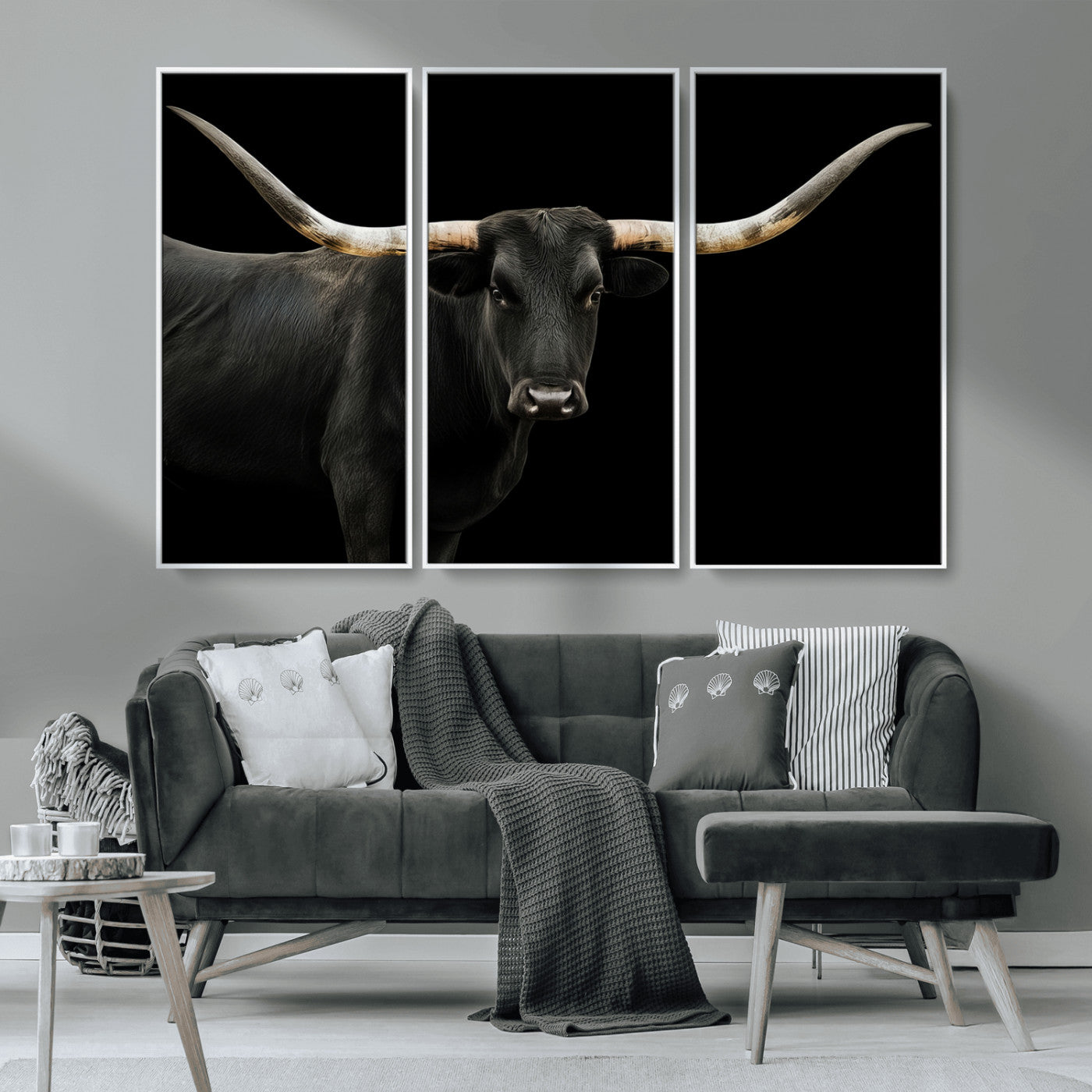 MGV-FC-48X32-3P - Longhorn Cattle Wall Art Canvas Print, Framed Texas Ranch Art Picture Print, Western Cow Perfect Farmhouse Decor Artwork