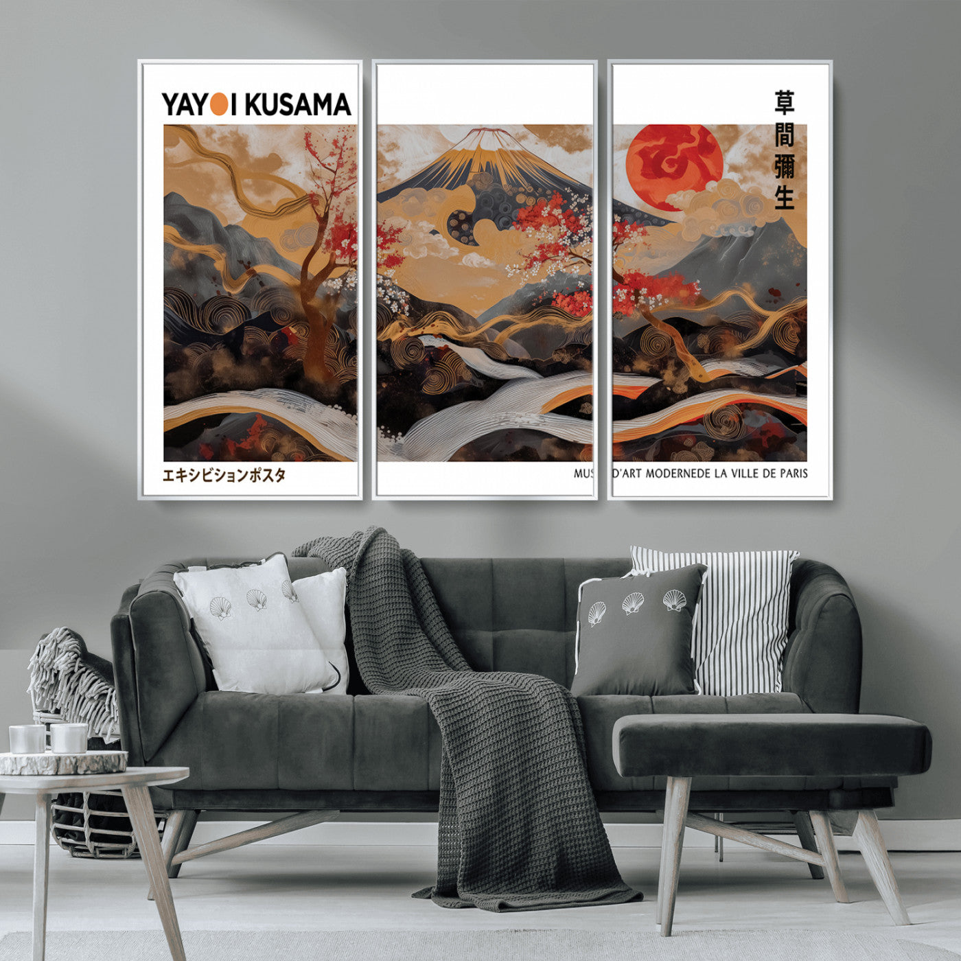 MGV-FC-48X32-3P - Modern Japanese Wall Art Print Yayoi Kusama Canvas Wall Art Abstract Mount Fuji Canvas Print