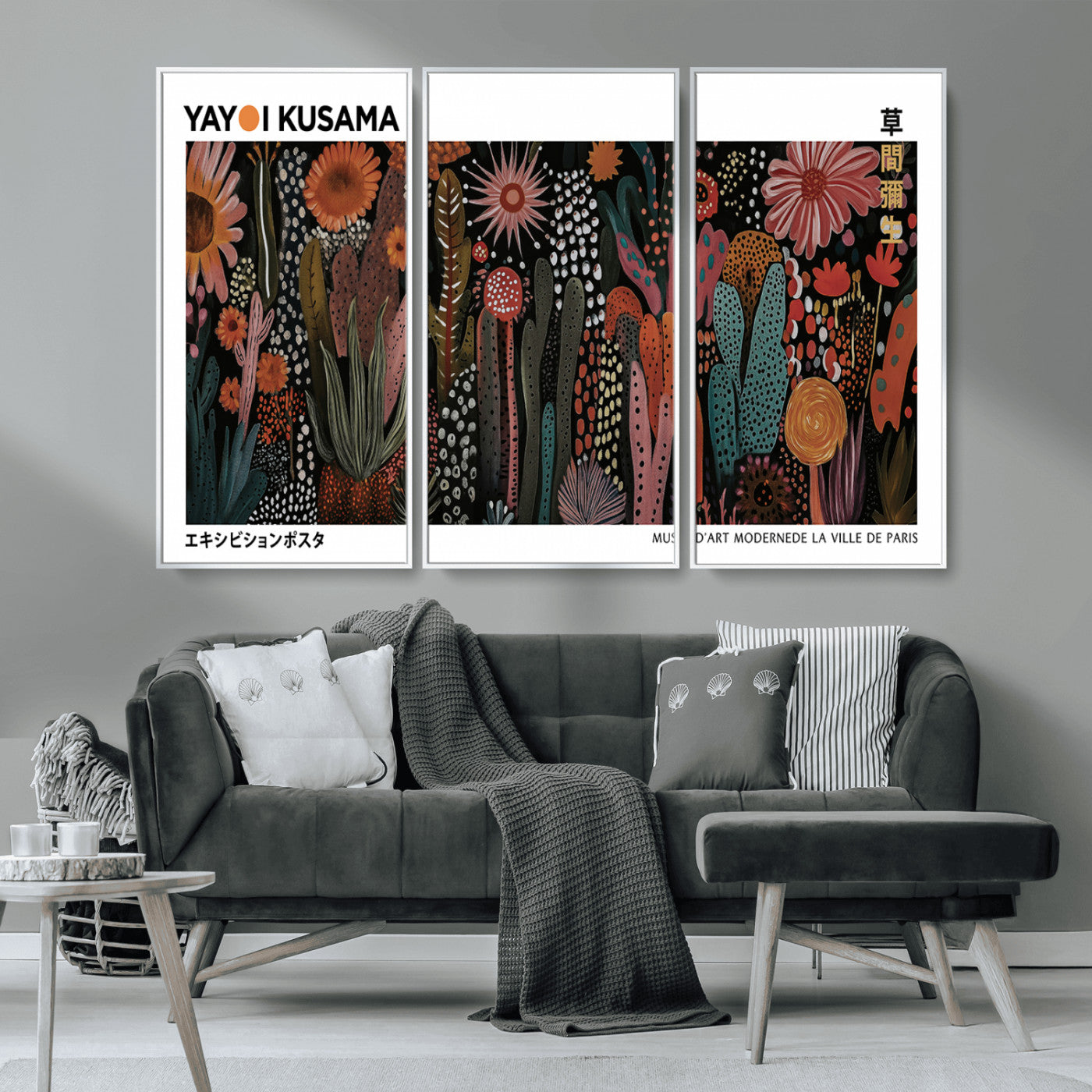 MGV-FC-48X32-3P - Modern Japanese Wall Art Print, Framed Yayoi Kusama Artwork, Abstract Mount Fuji Canvas Print,