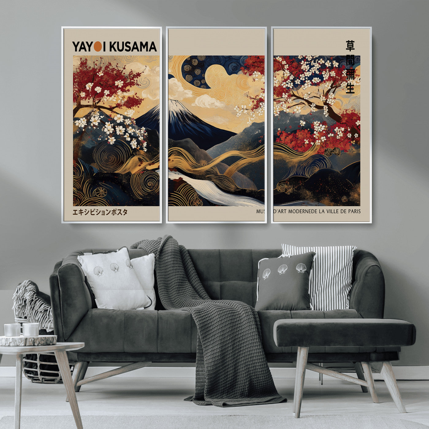MGV-FC-48X32-3P - Modern Japanese Wall Art, Yayoi Kusama Japanese Print Wall Art, Abstract Mount Fuji Canvas Print,
