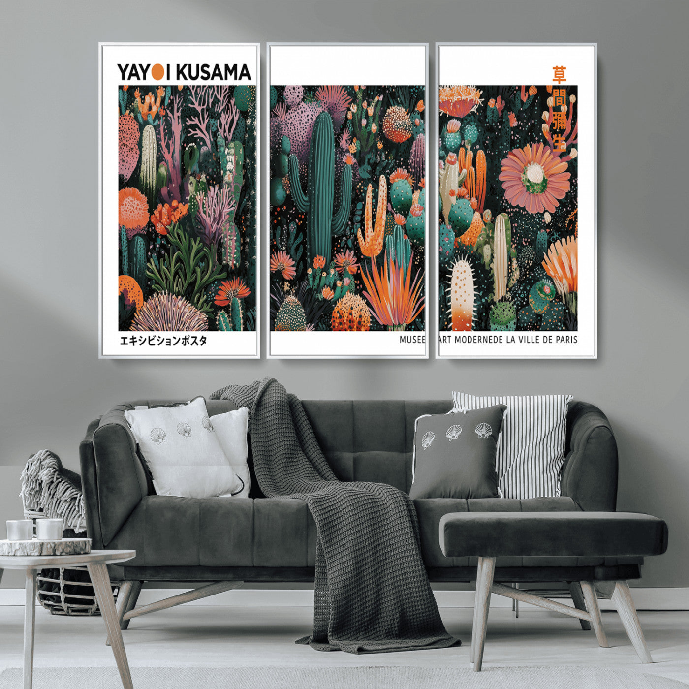 MGV-FC-48X32-3P - Modern Japanese Wall Art Print, Yayoi Kusama Print Wall Decor, Abstract Mount Fuji Canvas Print,