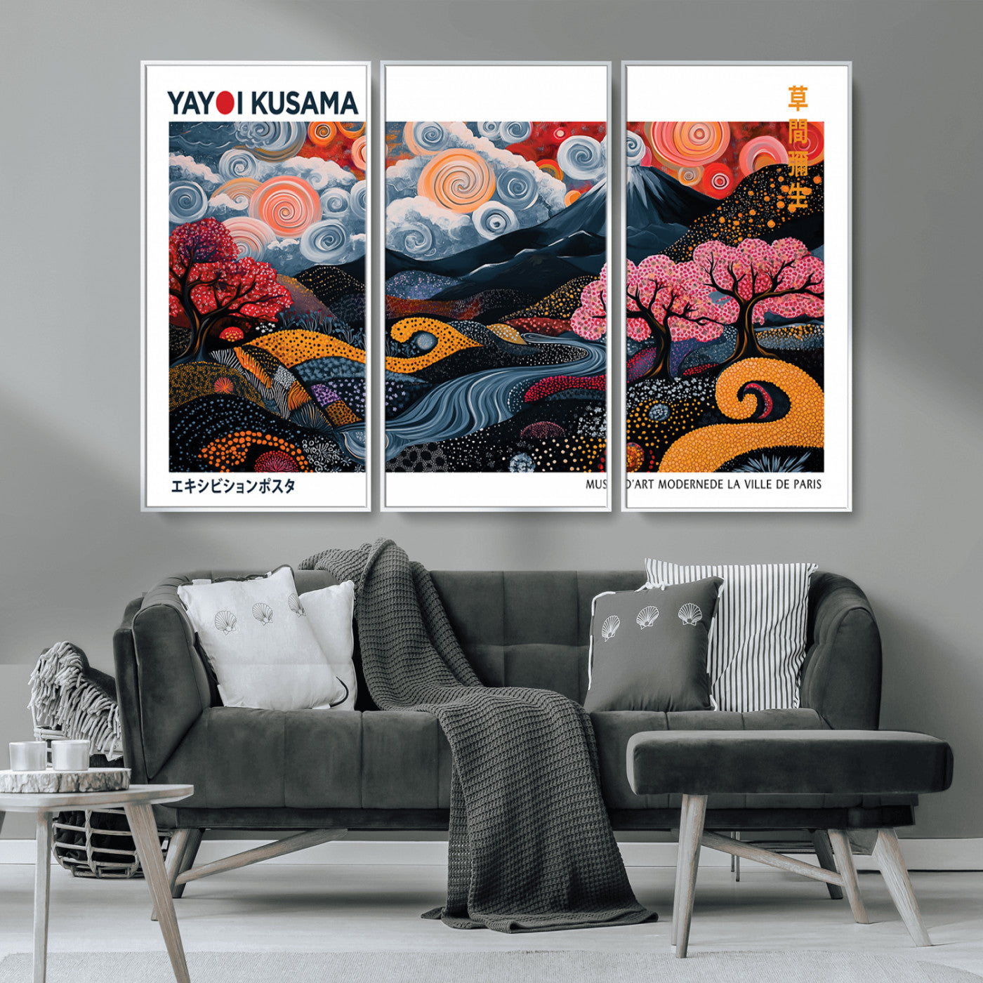 MGV-FC-48X32-3P - Modern Japanese Wall Art Print Yayoi Kusama Canvas Wall Art Abstract Mount Fuji Canvas Print
