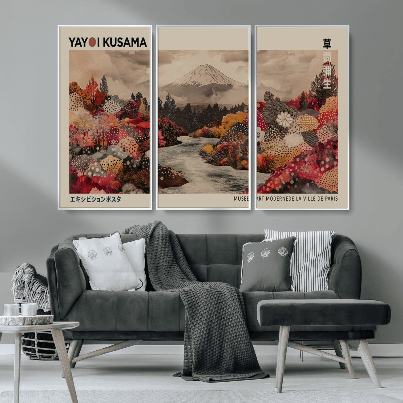 MGV-FC-48X32-3P - Modern Japanese Wall Art Print Yayoi Kusama Canvas Wall Art Abstract Mount Fuji Canvas Print