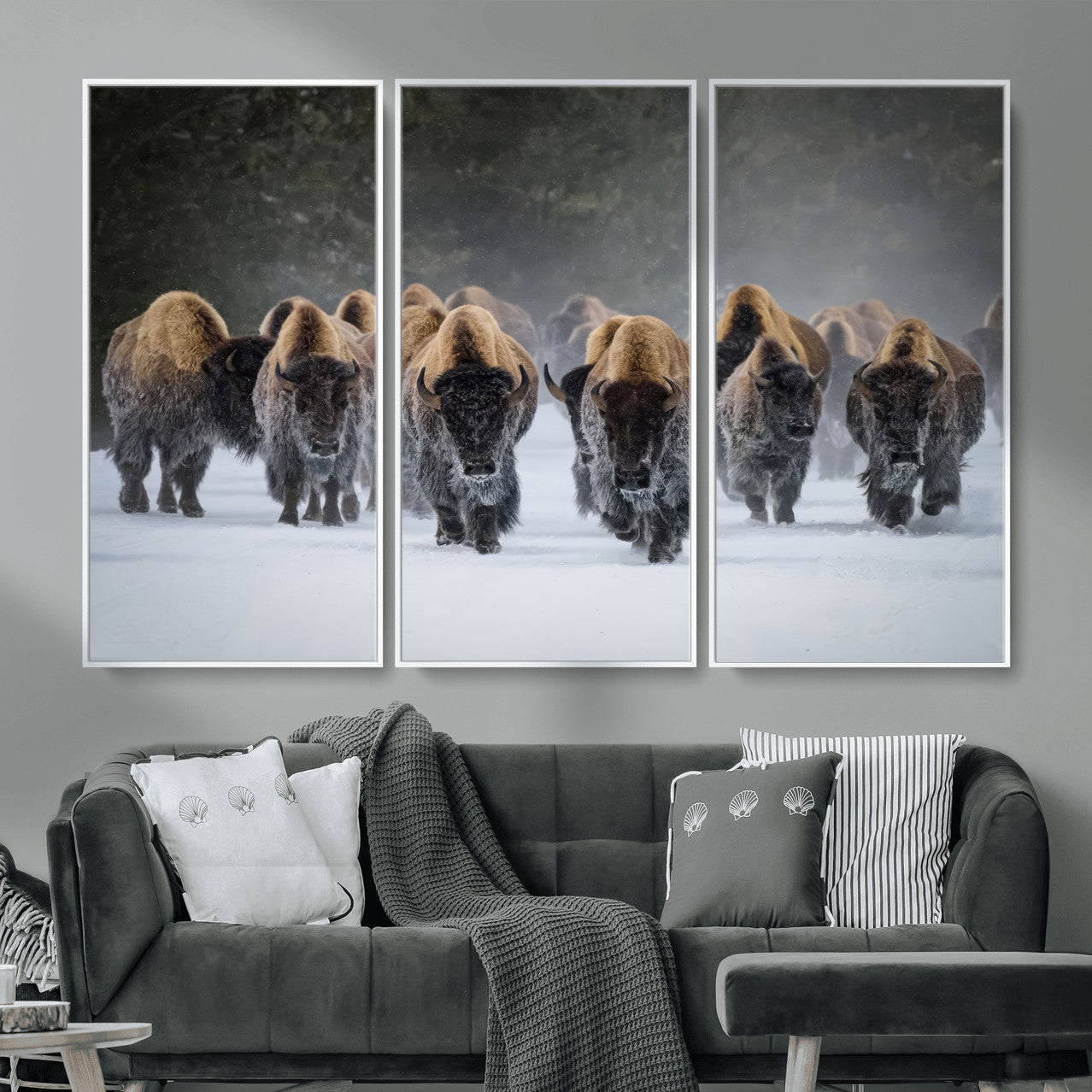 41669135-MGV-CV-36X24 - Winter Bison Herd Wall Art – Majestic Buffalo Charge Canvas Print with Snow Covered Plains, Rustic Wildlife Strength and Untamed Nature Decor for Home and Office