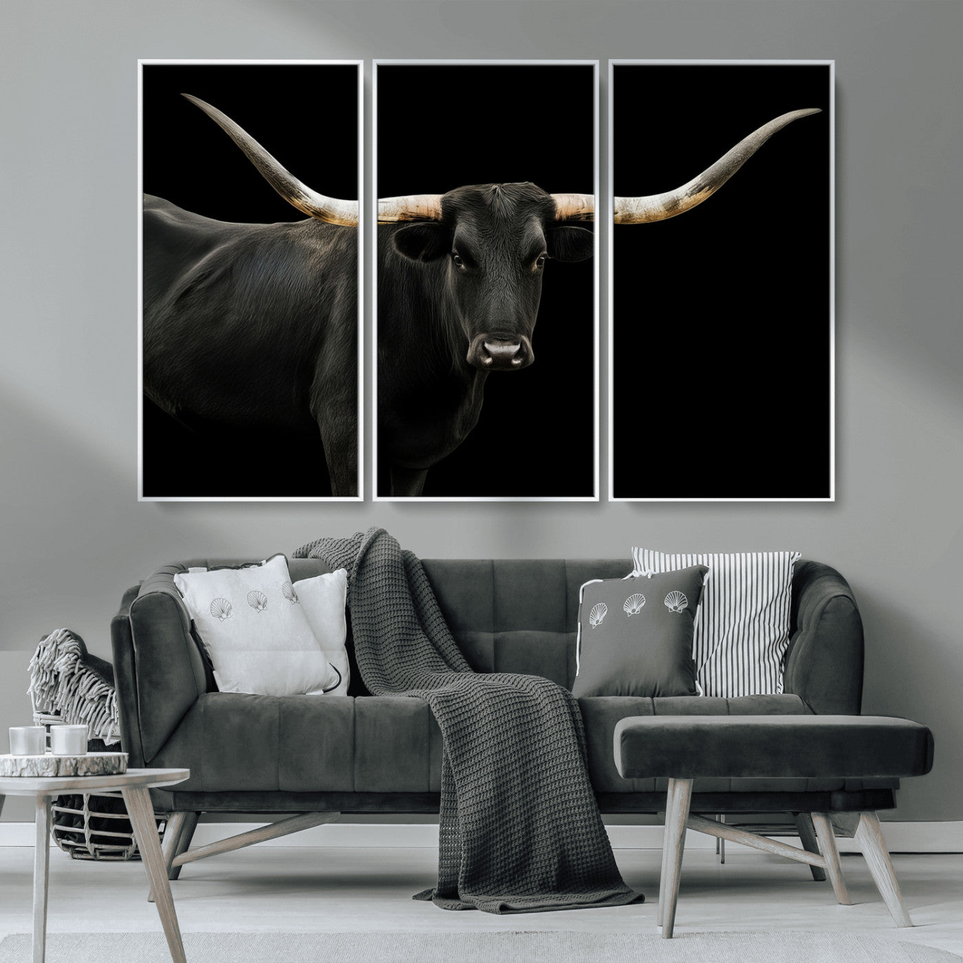 MGV-FC-48X32-3P - Texas Longhorn Wall Art Canvas Print, Framed Rustic Western Art Picture Print, Farmhouse Animal Perfect Modern Western Minimalist Decor Artwork