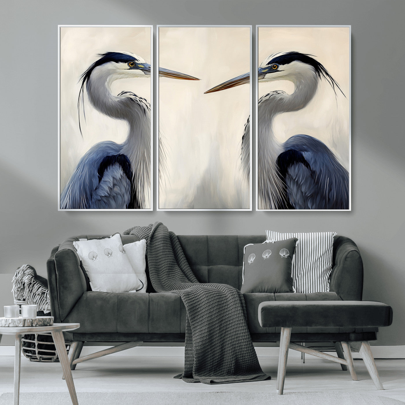 MGV-FC-48X32-3P - Blue Heron Pair Wall Art Canvas Print, Framed Coastal Bird Theme Art Picture Print, Tranquil Wildlife Scene Perfect Coastal Minimalist Decor Artwork