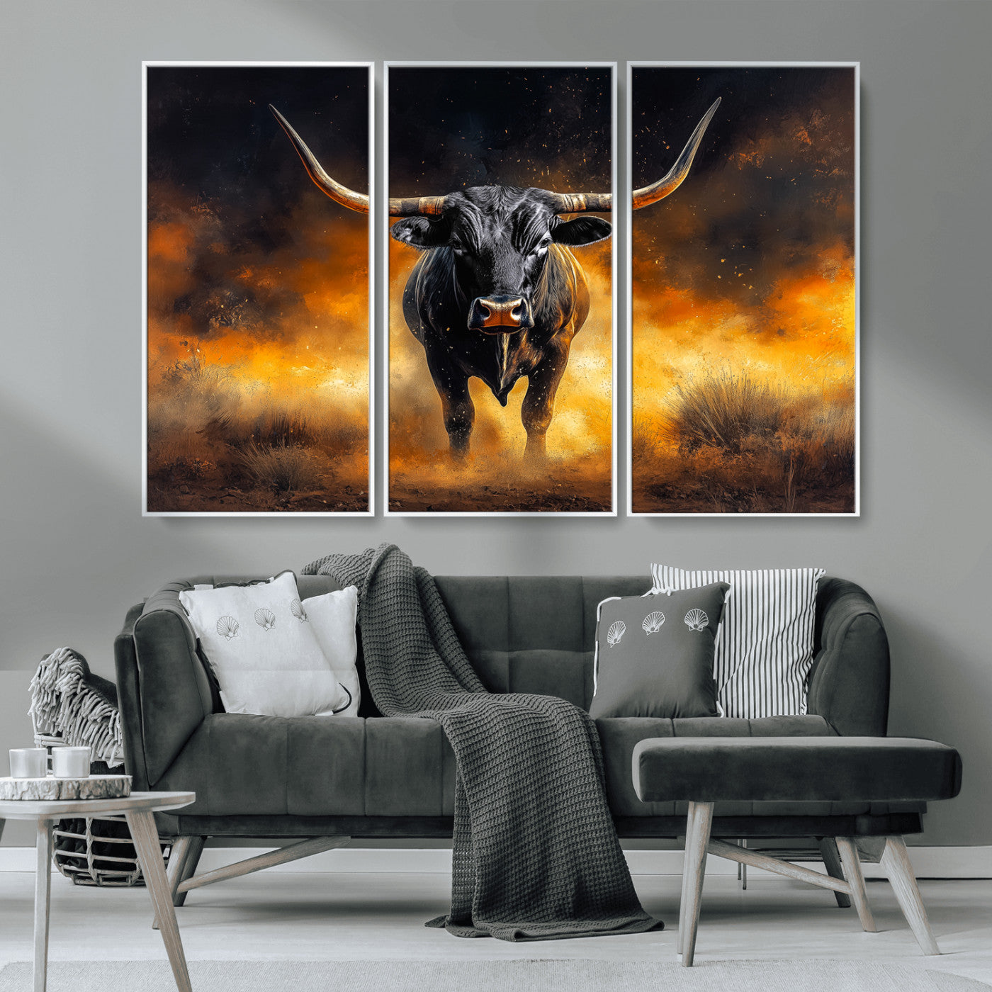 MGV-FC-48X32-3P - Longhorn Canvas Wall Art Canvas Print, Framed Bold Bull Wall Art Art Picture Print, Western Animal Decor Perfect Western Dramatic Decor Artwork