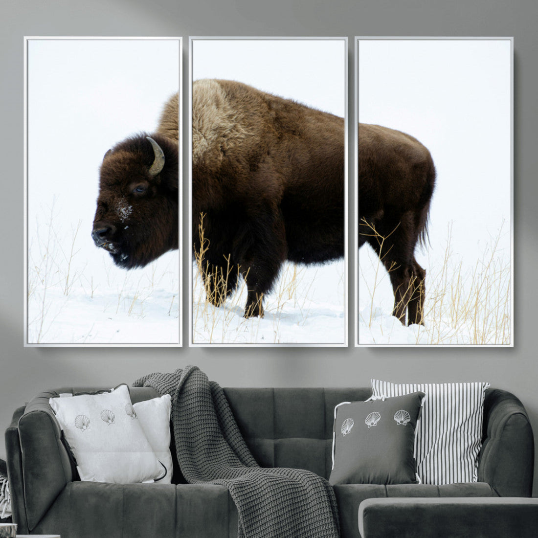 Bison Wall Art Canvas Print, Framed Western Wildlife Buffalo in Snow