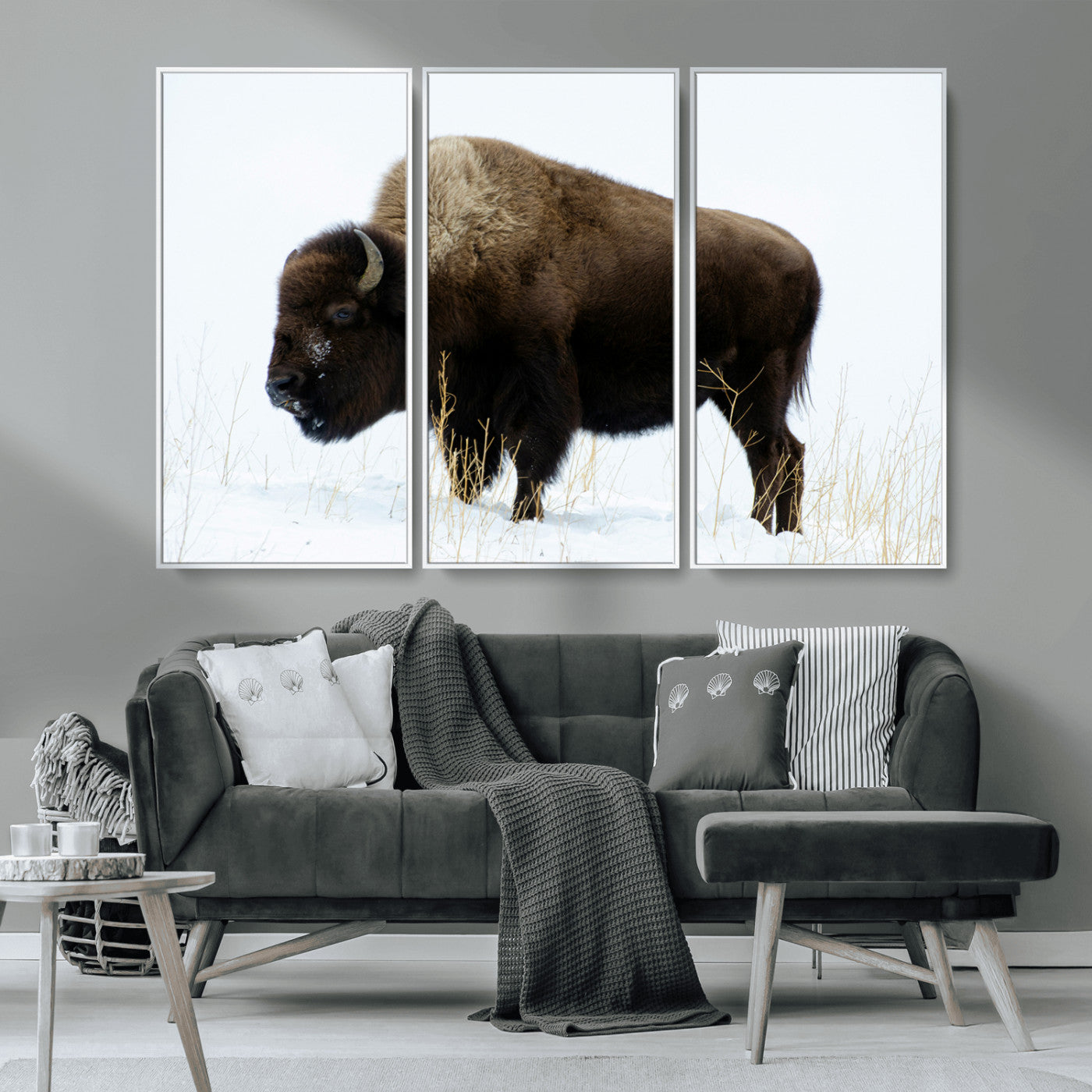 MGV-FC-48X32-3P - Bison Photography Wall Art Canvas Print, Framed Western Wildlife Art Picture Print, Buffalo On Snow Perfect Western Decor Artwork