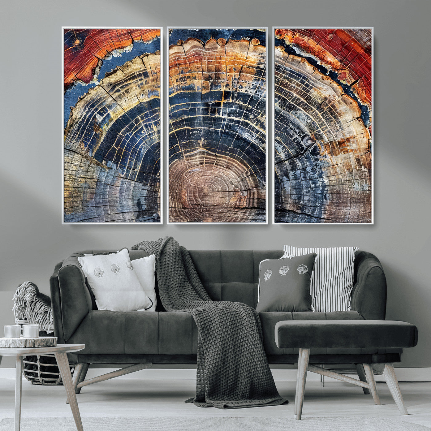 MGV-FC-48X32-3P - Tree Rings Wall Art Canvas Print, Framed Wood Texture Art Picture Print, Petrified Wood Perfect Modern Rustic Decor Artwork