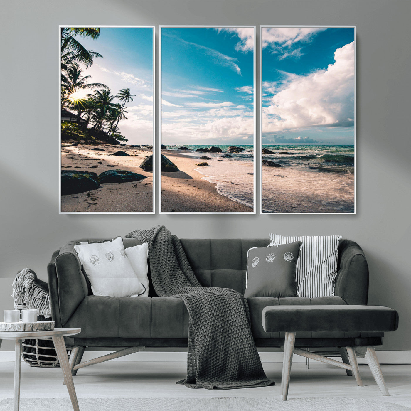 MGV-FC-48X32-3P - Tropical Beach Wall Art Canvas Print, Framed Ocean Waves Art Picture Print, Relazxing Seascape Perfect Tropical Coastal Decor Artwork