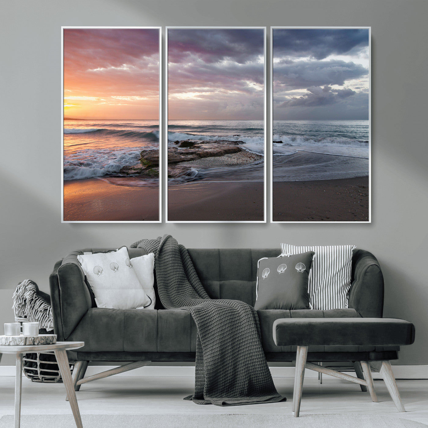 MGV-FC-48X32-3P - Golden Hour Wall Art Canvas Print, Framed Tranquil Waves Art Picture Print, Beach Perfect Coastal Serenity Decor Artwork