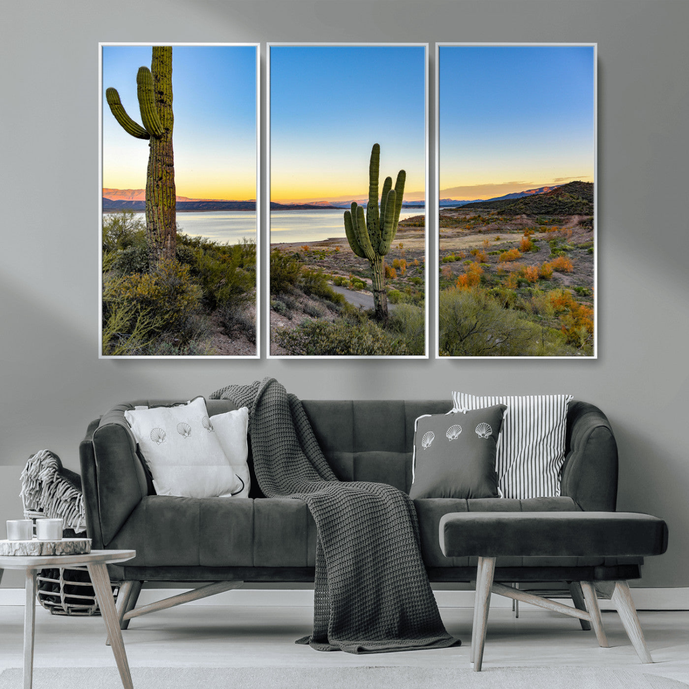 MGV-FC-48X32-3P - Saguaro Cactus Wall Art Canvas Print, Framed Desert Sunset Art Picture Print, Southwestern Perfect Southwestern Decor Artwork