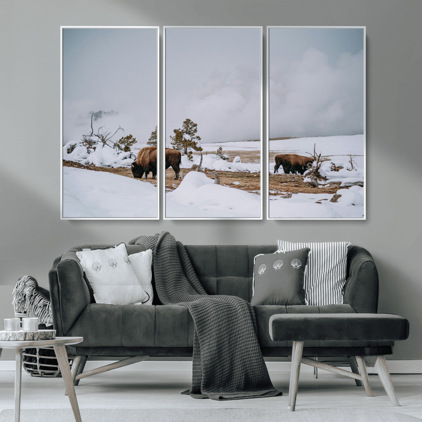 MGV-FC-48X32-3P - Bison Wildlife Wall Art Canvas Print, Framed Snowy Prairie Art Picture Print, Western Perfect Rustic Decor Artwork