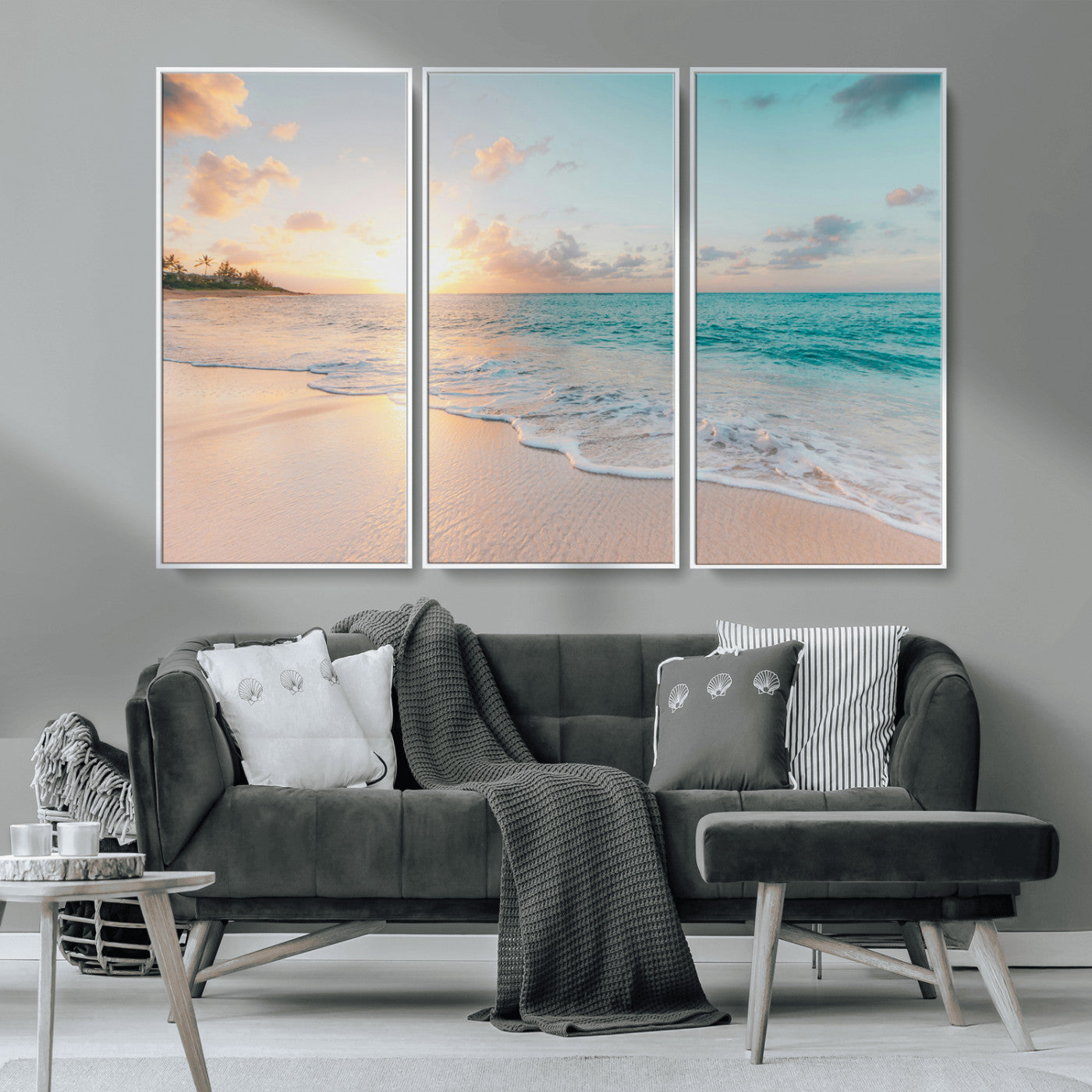 MGV-FC-48X32-3P - Beach Sunset Wall Art Canvas Print, Framed Ocean Waves Art Picture Print, Summer Escape Perfect Coastal Decor Artwork