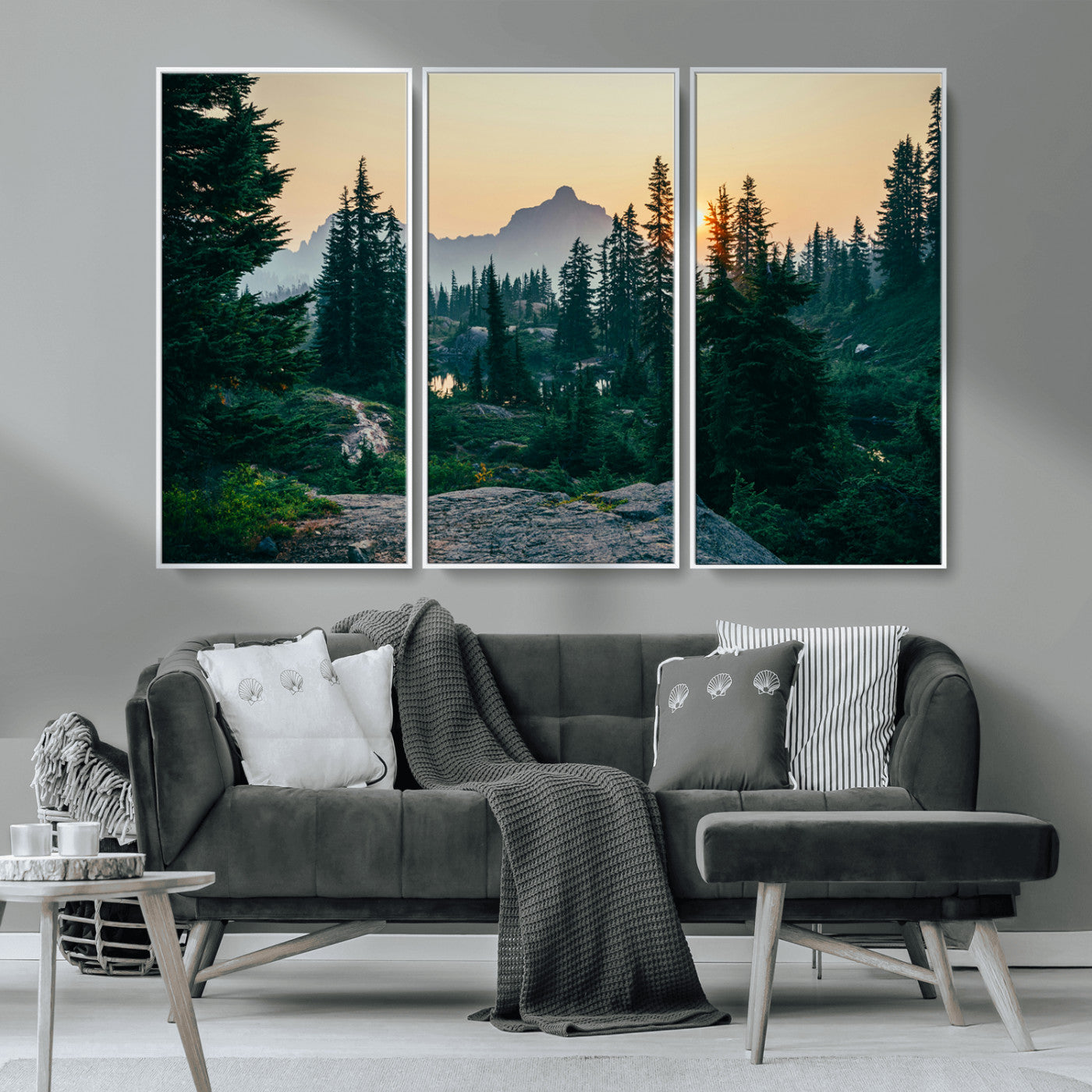MGV-FC-48X32-3P - Mountain Wall Art Canvas Print, Framed Forest Serenity Art Picture Print, Mountain Perfect Rustic Decor Artwork