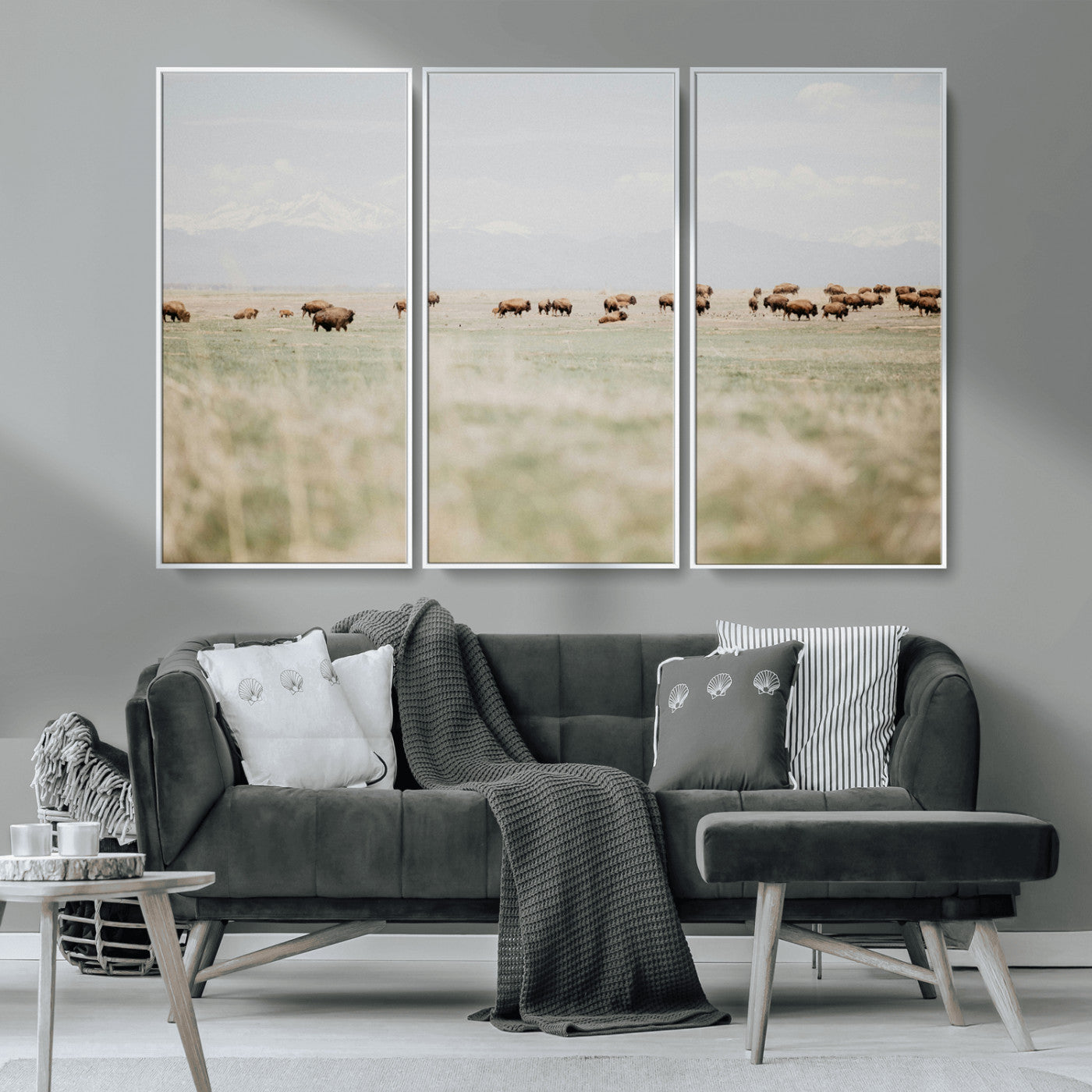 MGV-FC-48X32-3P - Bison Herd Wall Art Canvas Print, Framed Western Art Picture Print, Bison Perfect Ranch Decor Artwork