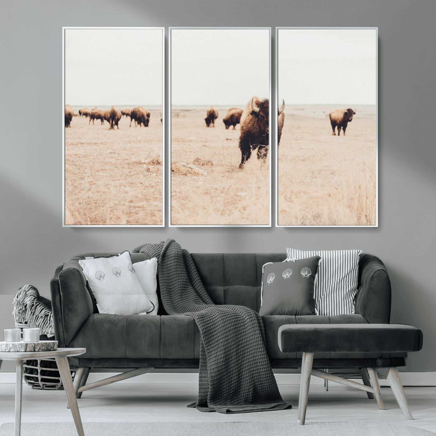 MGV-FC-48X32-3P - Bison Herd Wall Art Canvas Print, Framed Western Art Picture Print, Prairie Serenity Perfect Ranch Decor Artwork