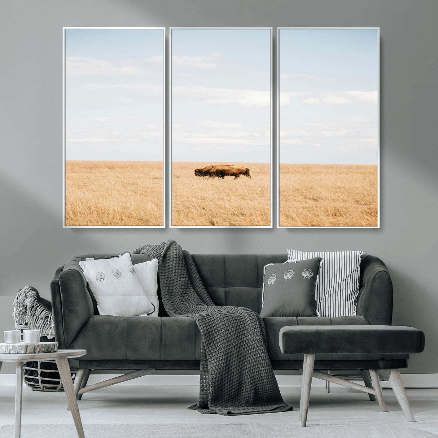 MGV-FC-48X32-3P - Minimalist Nature Wall Art Canvas Print, Framed Bison In Grassland Art Picture Print, Open Field Perfect Modern Ranch Decor Decor Artwork