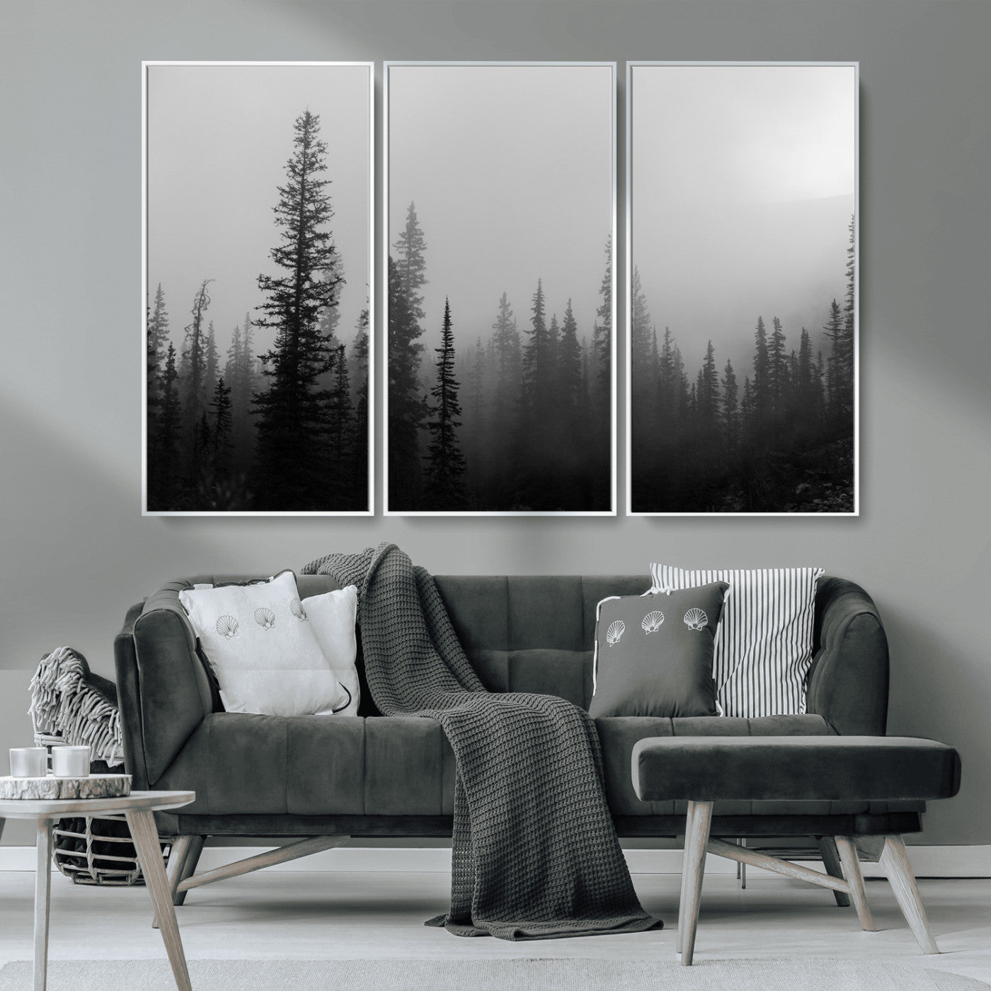 MGV-FC-48X32-3P - Misty Pines Wall Art Canvas Print, Framed Woodland Photography Art Picture Print, Minimalist Decor Perfect Rustic Decor Artwork
