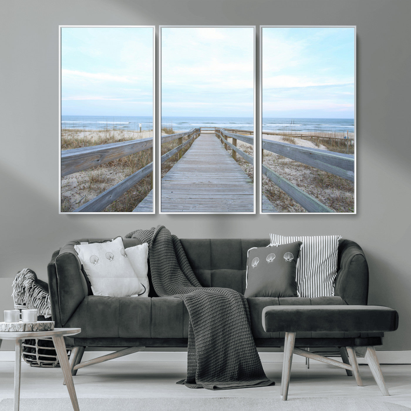 MGV-FC-48X32-3P - Beach Boardwalk Wall Art Canvas Print, Framed Coastal Serenity Art Picture Print, Ocean View Perfect Coastal Decor Artwork