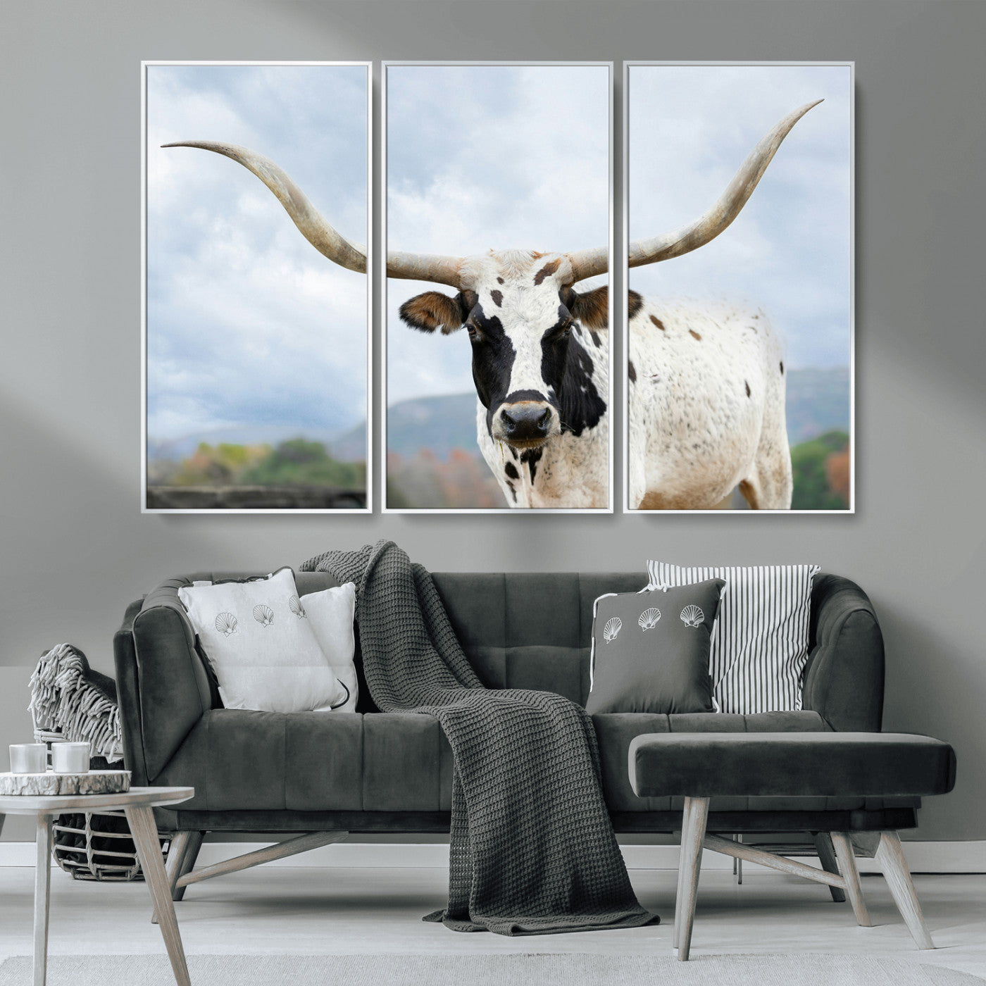 MGV-FC-48X32-3P - Texas Longhorn Wall Art Canvas Print, Framed Western Rustic Art Picture Print, Farmhouse Decor Perfect Farmhouse Decor Artwork