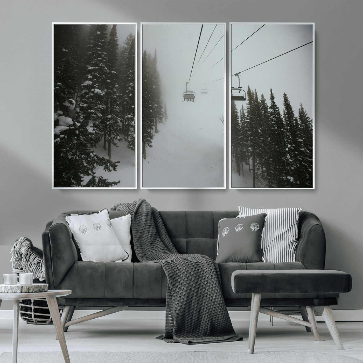 MGV-FC-48X32-3P - Ski Lift Wall Art Canvas Print, Framed Snowy Pines Art Picture Print, Misty Landscape Perfect Winter Serenity Decor Artwork