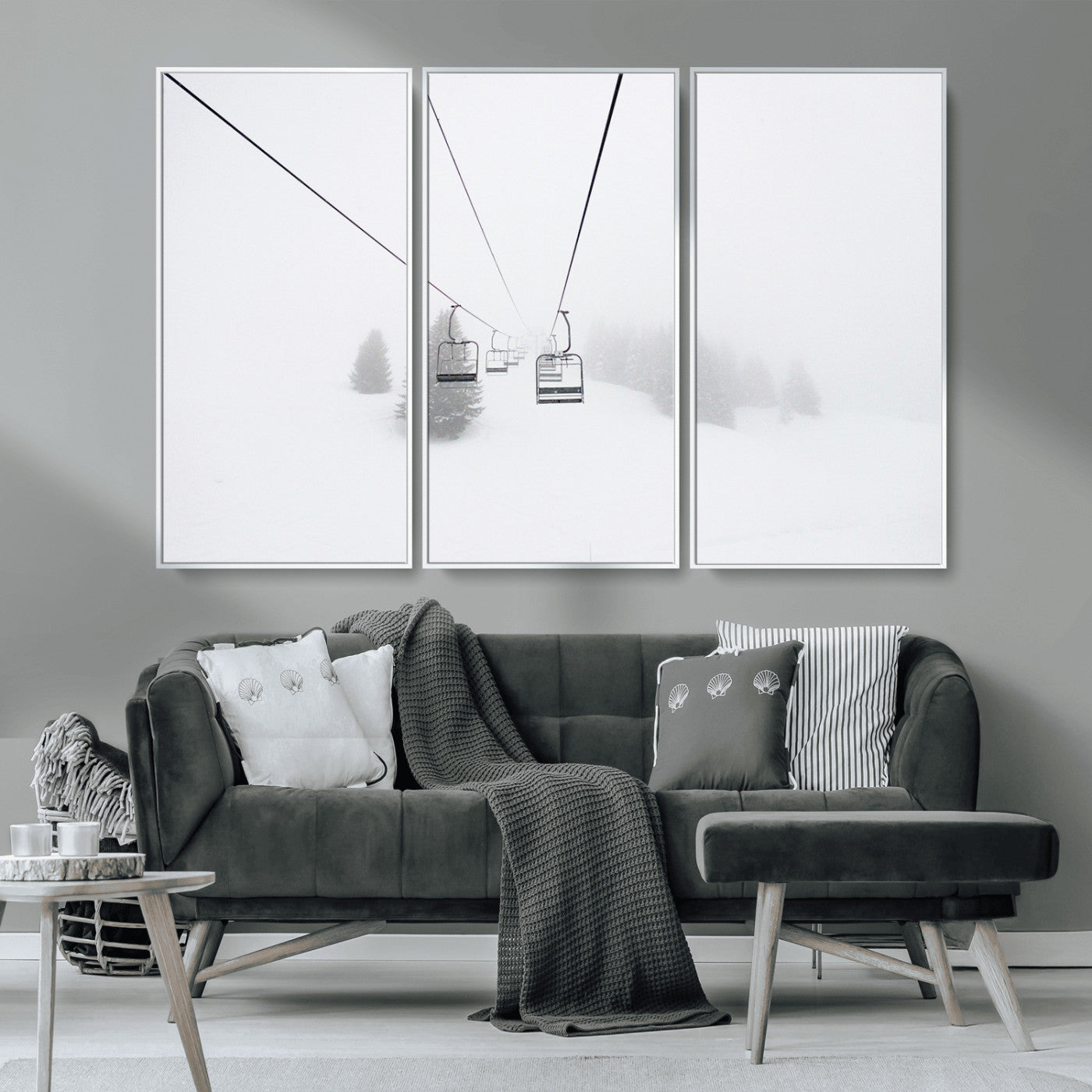 MGV-FC-48X32-3P - Ski Lift Wall Art Canvas Print, Framed Snowy Landscape Art Picture Print, Alpine Adventure Perfect Nordic Minimalist Decor Artwork