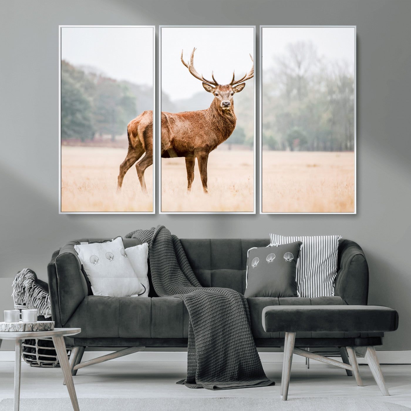 MGV-FC-48X32-3P - Vintage Wildlife Art Wall Art Canvas Print, Framed Misty Landscape Art Picture Print, Deer Wall Art Perfect Rustic Wildlife Decor Artwork