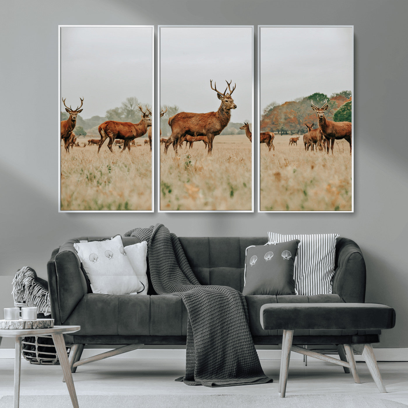 MGV-FC-48X32-3P - Rustic Deer Print Wall Art Canvas Print, Framed Autumn Nature Canvas Art Picture Print, Wildlife Art Print Perfect Rustic Wildlife Decor Artwork