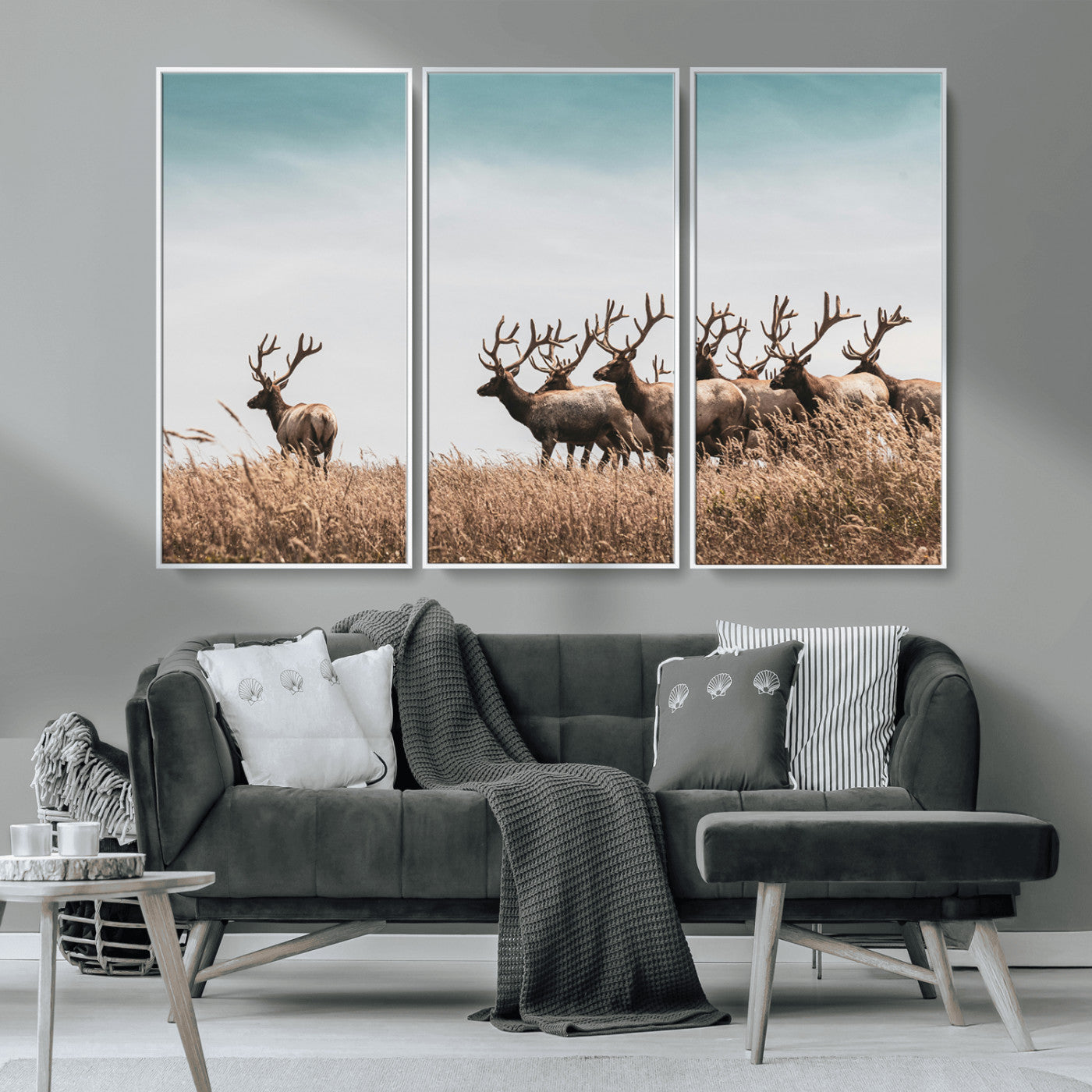 MGV-FC-48X32-3P - Elk Herd Wall Art Canvas Print, Framed Wildlife Photography Art Picture Print, Rustic Nature Print Perfect Rustic Wildlife Decor Artwork