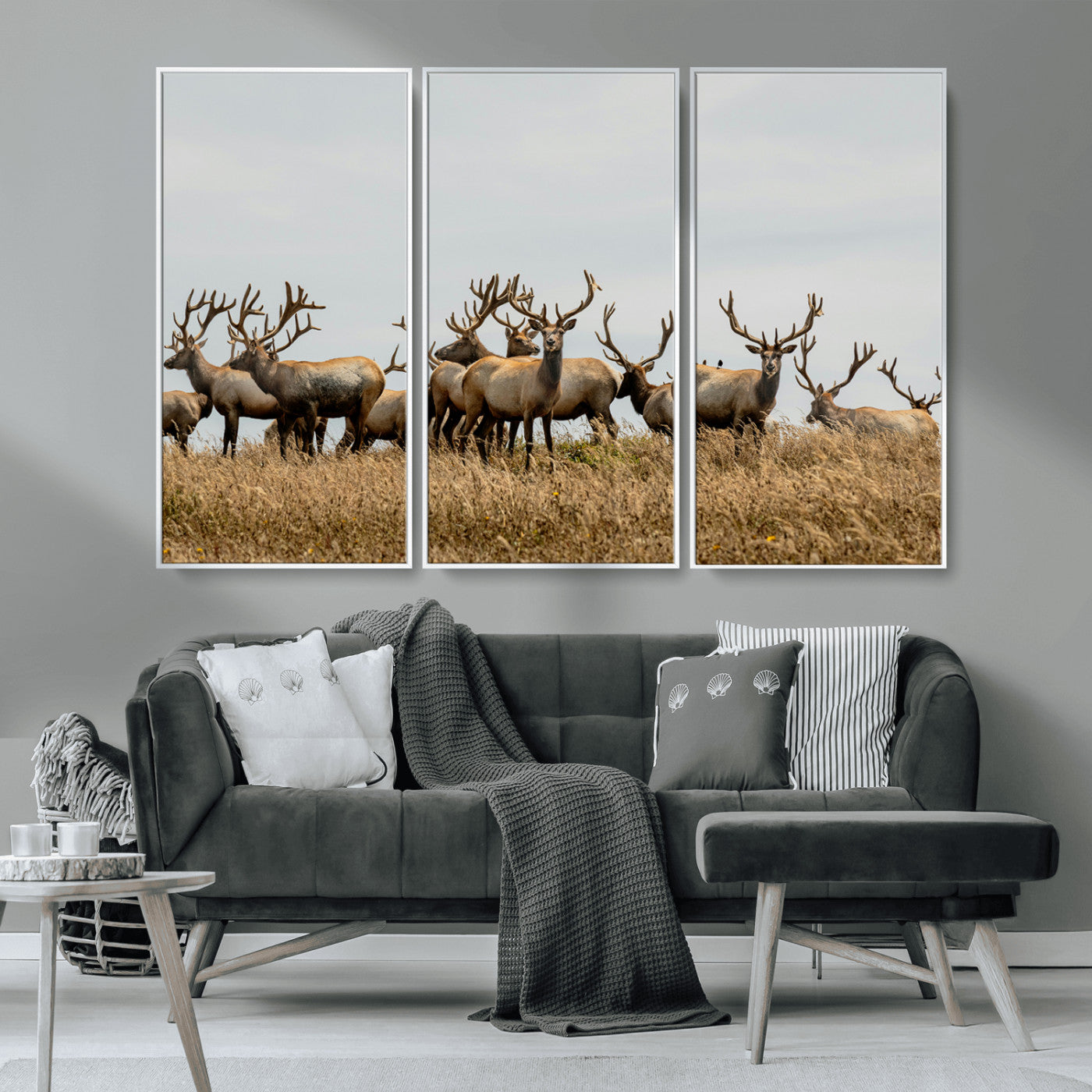 MGV-FC-48X32-3P - Elk Herd Wall Art Canvas Print, Framed Wildlife Photography Art Picture Print, Majestic Antlers Perfect Rustic Wildlife Decor Artwork