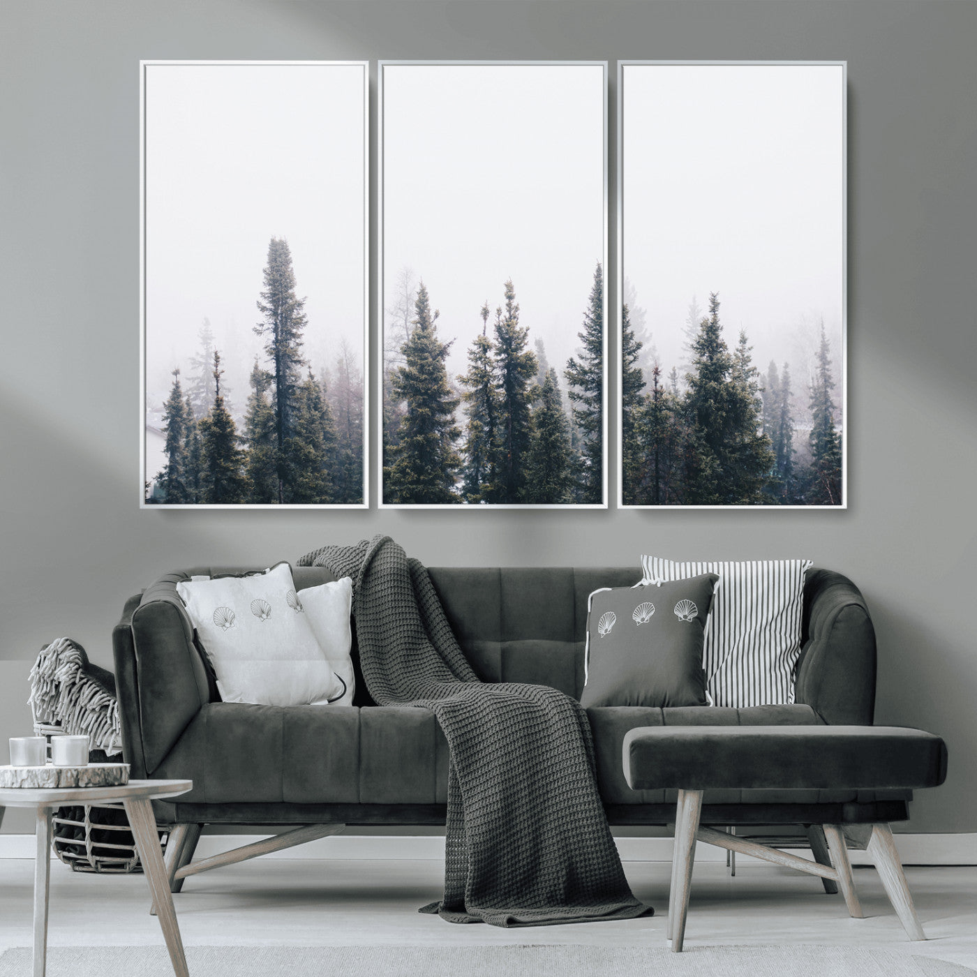 MGV-FC-48X32-3P - Foggy Forest Wall Art Canvas Print, Framed Misty Pines Art Picture Print, Moody Woodland Perfect Scandinavian Minimalist Decor Artwork