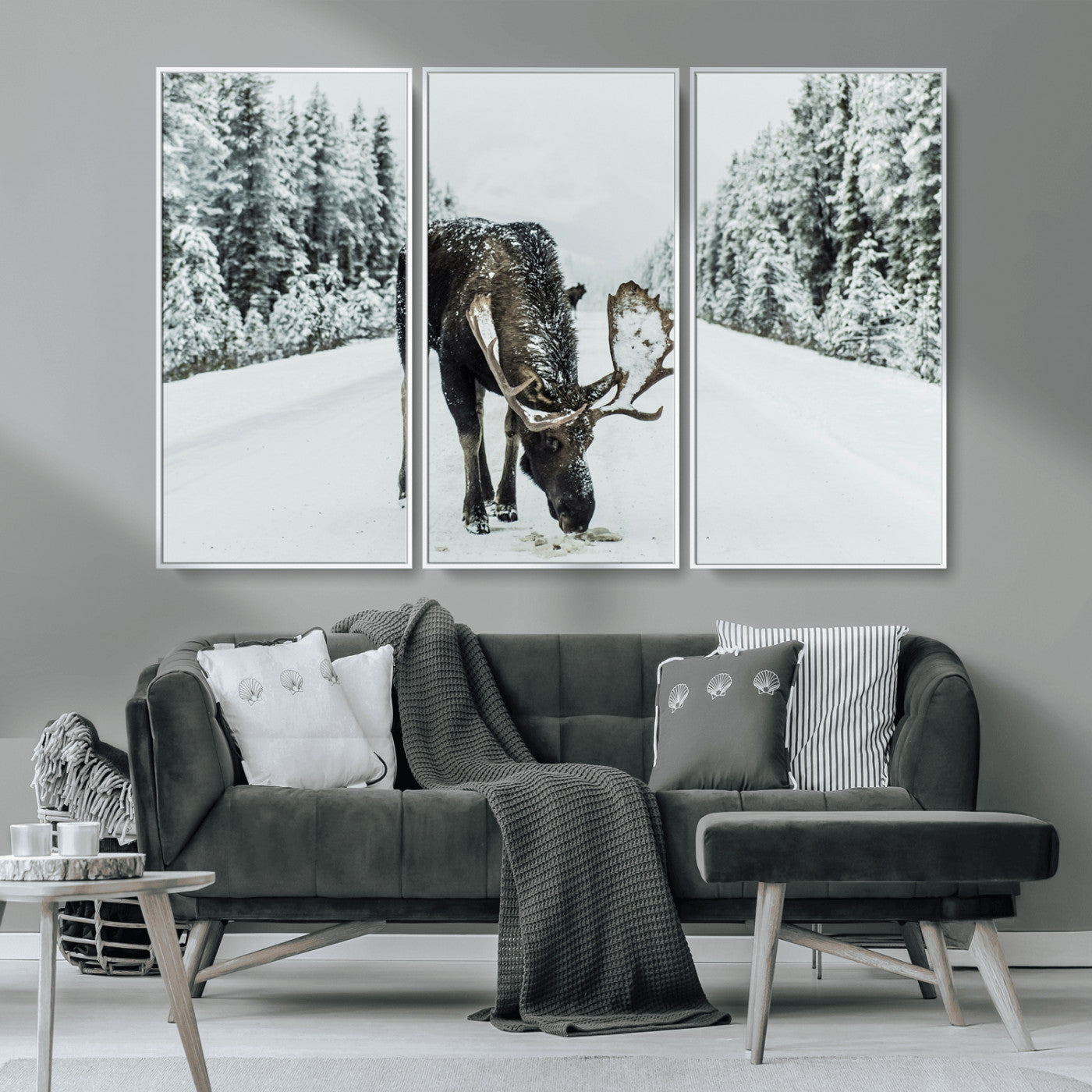 MGV-FC-48X32-3P - Moose in Snow Wall Art Canvas Print, Framed Winter Wildlife Art Picture Print, Snowy Forest Scene Perfect Rustic Lodge Decor Artwork