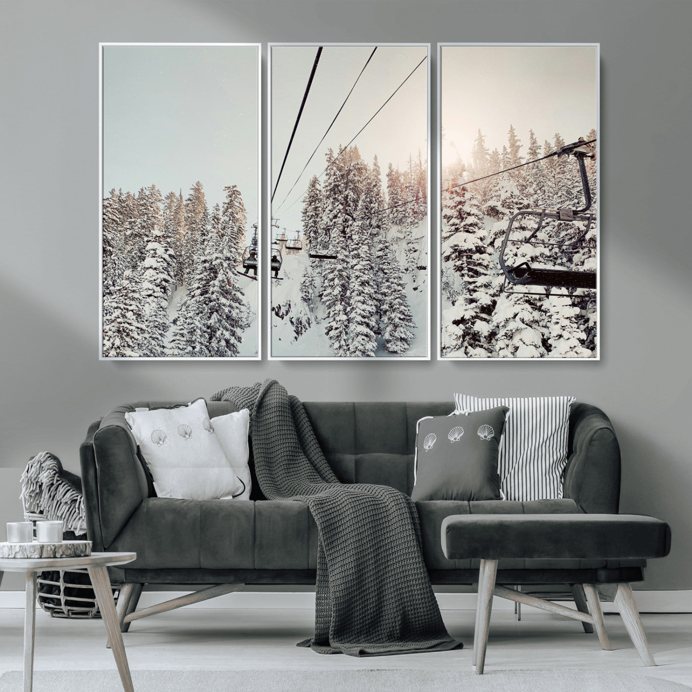 MGV-FC-48X32-3P - Frosty Pines Wall Art Canvas Print, Framed Cozy Cabin View Art Picture Print, Ski Lift Ride Perfect Rustic Lodge Decor Artwork