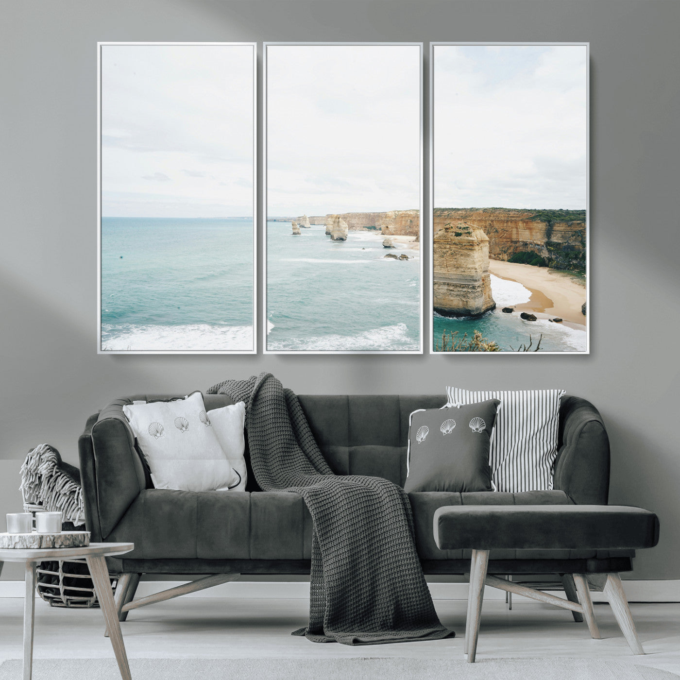 MGV-FC-48X32-3P - Twelve Apostles Wall Art Canvas Print, Framed Coastal Cliffs Art Picture Print, Rugged Rock Formations Perfect Minimalist Coastal Decor Artwork