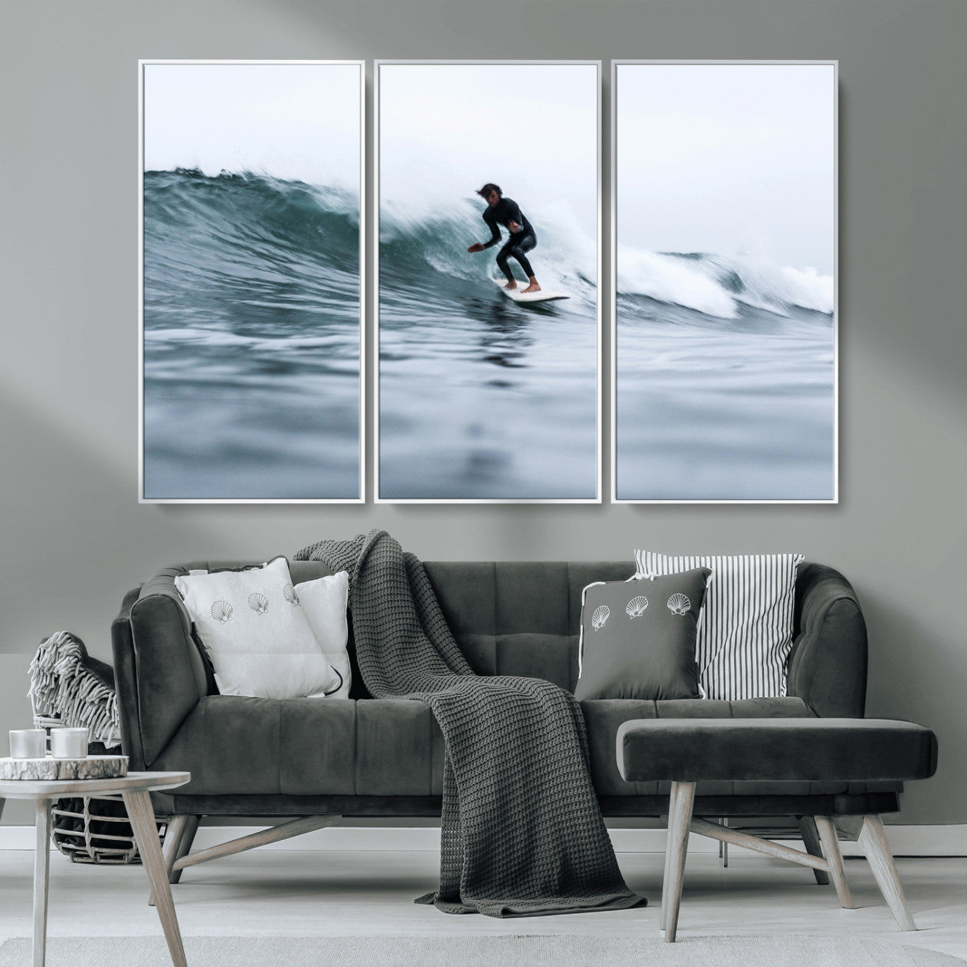 MGV-FC-48X32-3P - Surfer on Wave Wall Art Canvas Print, Framed Ocean Adventure Art Picture Print, Motion Blur Water Perfect Coastal Adventure Decor Artwork