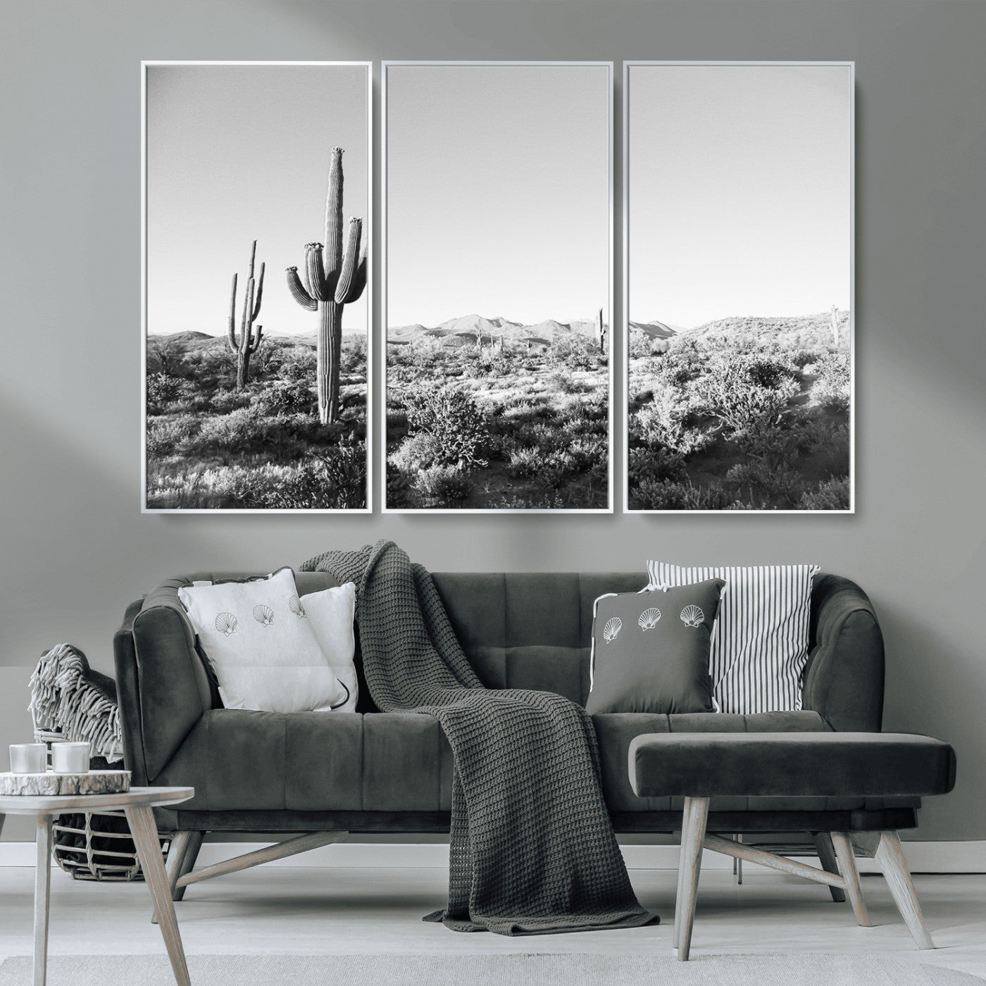 MGV-FC-48X32-3P - Saguaro Cactus Wall Art Canvas Print, Framed Monochrome Landscape Art Picture Print, Scenic Arizona View Perfect Minimalist Western Decor Artwork