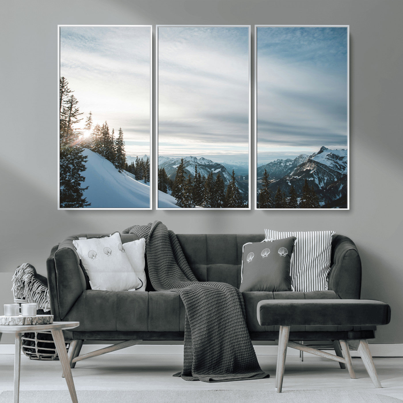 MGV-FC-48X32-3P - Snowy Mountains Wall Art Canvas Print, Framed Alpine Landscape Art Picture Print, Frosty Peaks Perfect Nordic Minimalist Decor Artwork