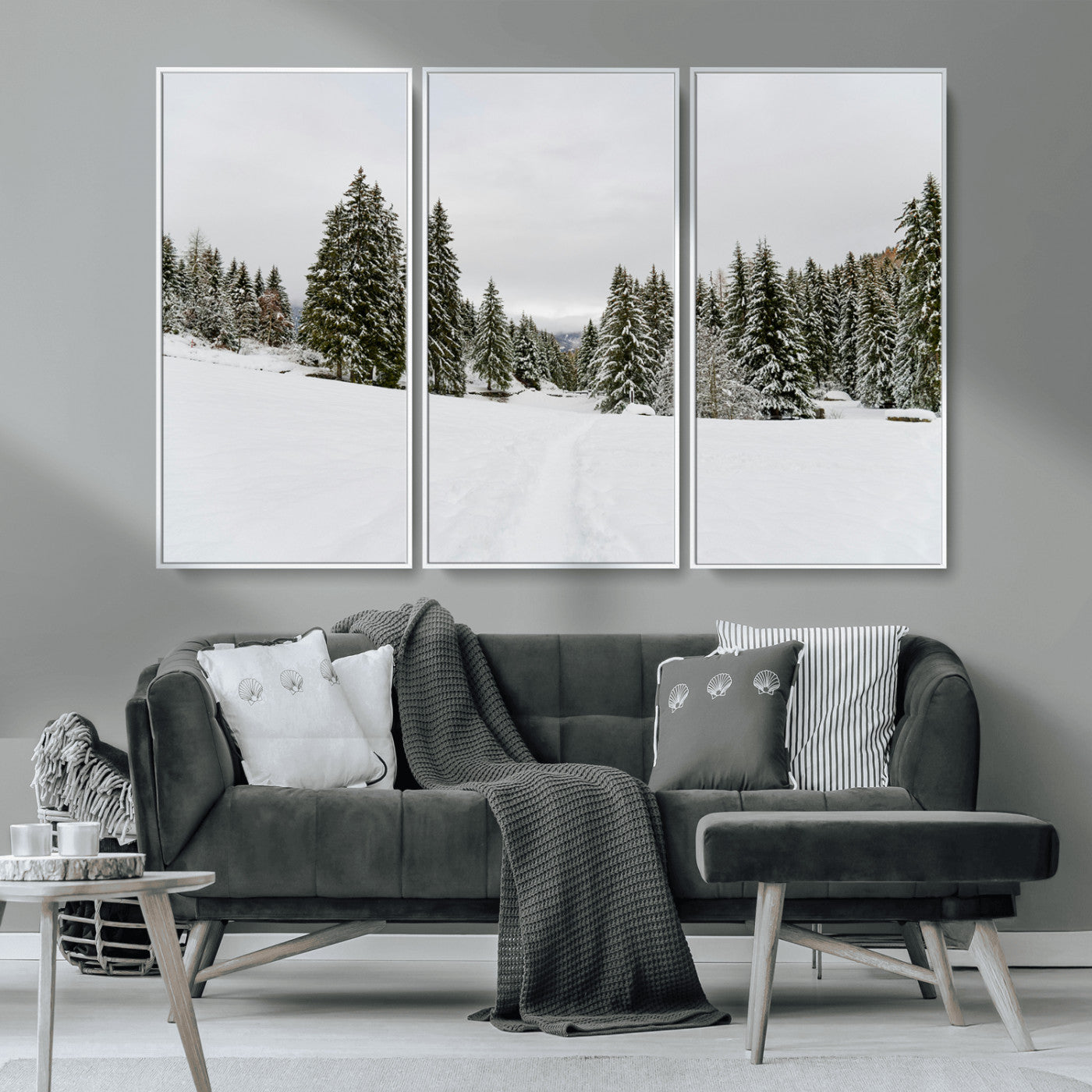 MGV-FC-48X32-3P - Frosty Pines Wall Art Canvas Print, Framed Silent Snowfall Art Picture Print, Cozy Cabin Vibes Perfect Nordic Minimalist Decor Artwork