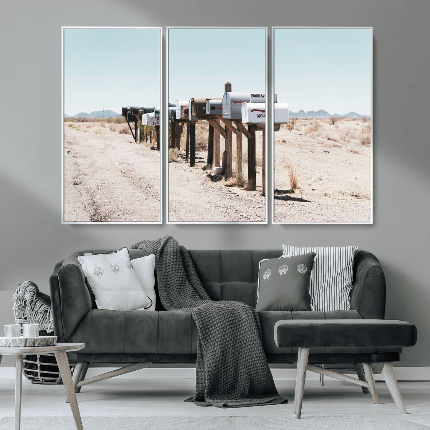 MGV-FC-48X32-3P - Desert Mailboxes Canvas Print – Minimal Western Landscape Photography, Rustic Americana Wall Art for